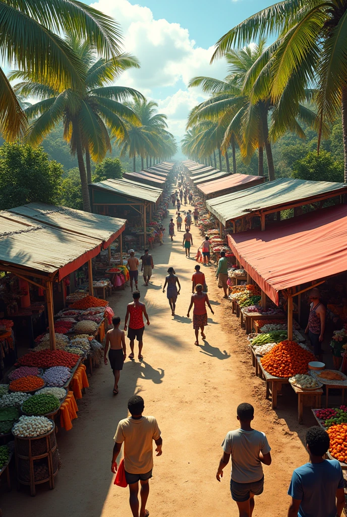 Aerial view of a colorful new market in Haiti. Your expertise as an engineer is essential to me.. Palm greenery still in evidence. The displays, buyers, passers-by, ventilate well so that we can see the beauty of this superb market, fabulous. 