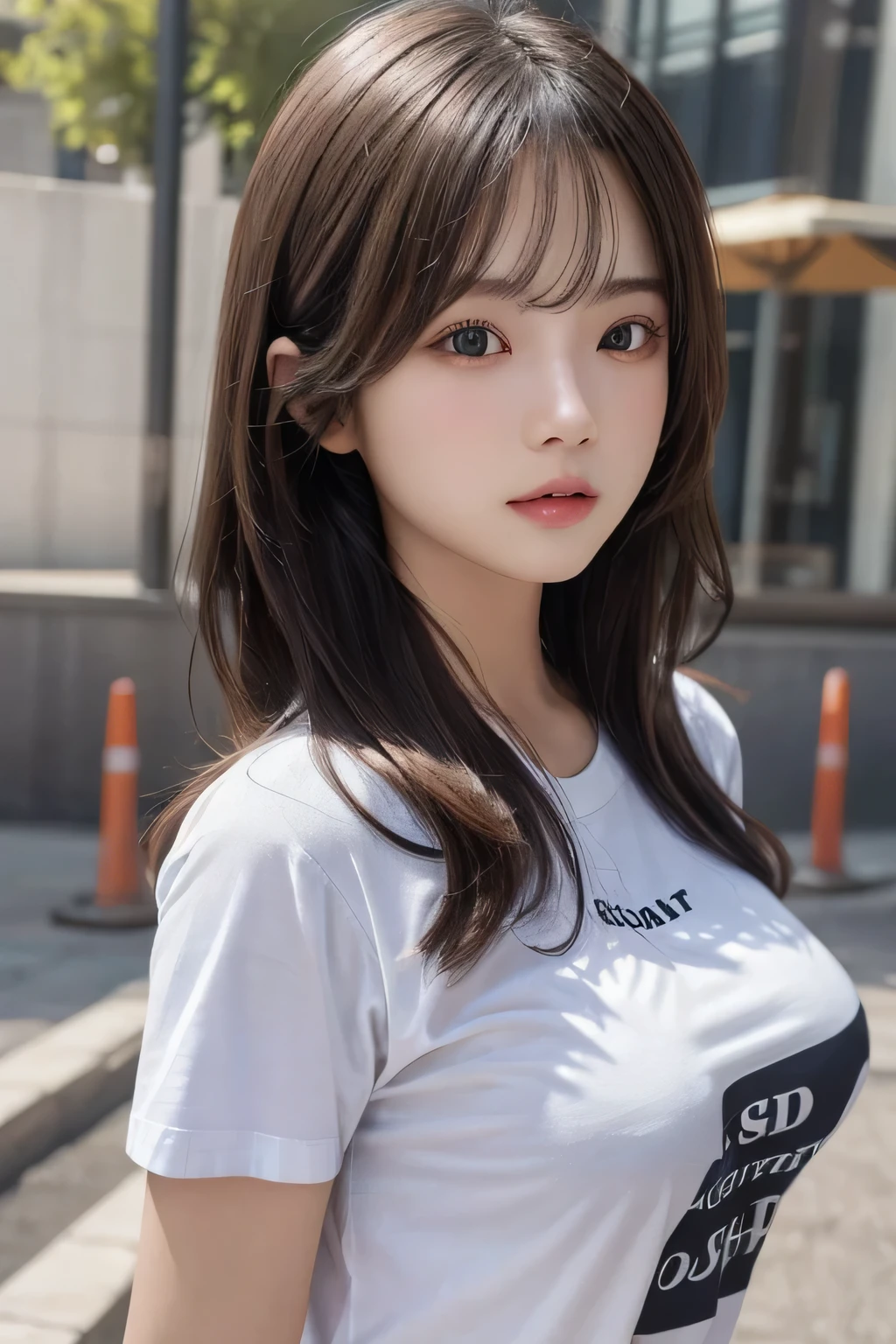 One girl, 1st,Highest quality,High resolution,超High resolution,8k,Realistic,Upper Body,encounter_Audience,Large Breasts, The body is slim,(t-shirt:1.2)