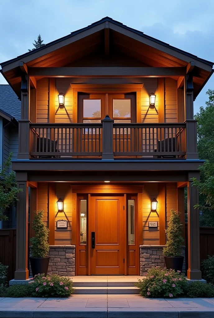 Help me create an image with lighting and suggested guardrails for the facade of a two-story house on the upper floor with 2 balconies next to each other., wood door. Ground floor: a wide wooden door with two side windows the size of the door and a very large window next to it.