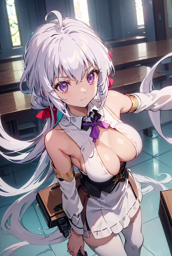 ((masterpiece)), ((Best quality)), (high resolution), (illustration), (an extremely delicate and beautiful), (ultra detailed beautiful face and eyes), nsfw, 1girl, leaning forward, YukineChris, long hair, purple eyes, twintails, low twintails, ahoge, large breasts, fishnet pantyhose, red a bow tie, volumetric lightning, detailed skin texture, detailed, volumetric shadow, anime screencap,Highest quality, Sorceress, ancient babylonian nobility, ((tan skin:1.2)), (brown skin color),Long hair, twin braids, hair ornament, wine colored hair, smile, Below average size breasts, bare shoulders, (underboob:0 Legs apart、Ready your gun?、Arms around chest 8K, masterpiece, Best_quality, high_resolution, ultra_details, detailed, 1girl, 独奏, looking_at_viewer, upper_body, indoors, braid, blurry, bangs, white_hair, blurry_background, collared_shirt, church, hair_ribbon, hair_between_eyes, stained_Glass,sidelocks, depth_of_field, light_particles, window, french_braid, Alphonse Mucha Style, sharp focus, perfect hands, perfect face, perfect eyes, perfect light, dynamic light, natural light, Masterpiece, Best quality,