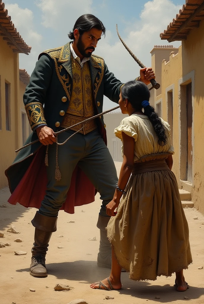 Spanish mayor whipping an Indian woman for not paying mita obrajera, in colonial times of Peru.