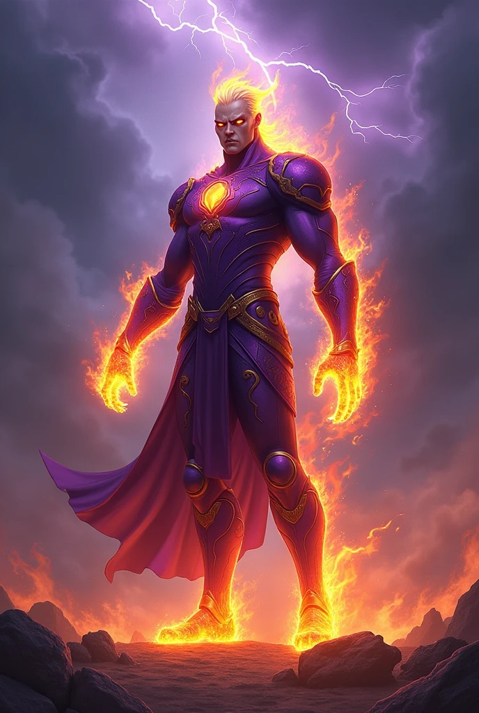 Create a hero with fire powers and purple colors