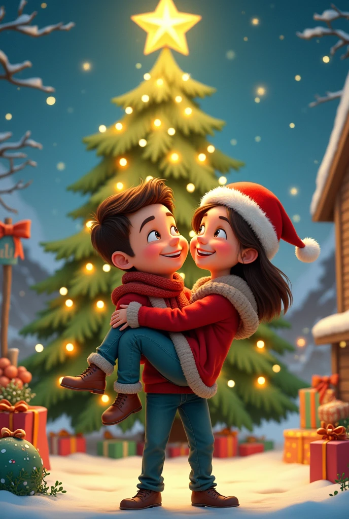 A cartoon couple wearing Christmas clothes with a Christmas tree next to them. He is carrying the girl so that a star appears at the top of the Christmas tree. 2d drawing 