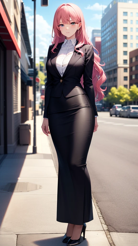 masterpiece, best quality, high detail, beautiful business woman, solo focus, long wavy hair, pink hair, (black blazer), (black midi pencil skirt), long skirt, wide hips, looking at viewer, wide-eyed, city, sidewalk, summer, (cloudy sky),