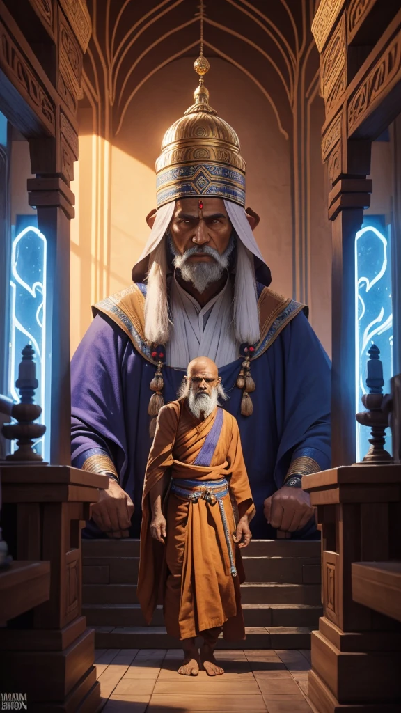 The Idian Elder, a monk, одет в жревеюю одежду a monkов, silit, it is clearly visible, all details well drawn 4K, the face is clearly visible. Futuristic Indian Temple Background, All Bright, the colors are rich and light 
