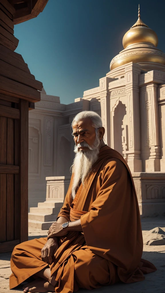 The Idian Elder, a monk, одет в жревеюю одежду a monkов, silit, it is clearly visible, all details well drawn 4K, the face is clearly visible. Futuristic Indian Temple Background, All Bright, the colors are rich and light