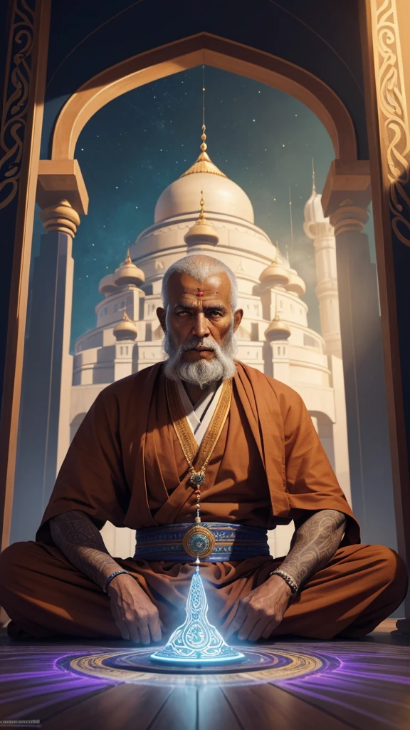 The Idian Elder, a monk, одет в жревеюю одежду a monkов, silit, it is clearly visible, all details well drawn 4K, the face is clearly visible. Futuristic Indian Temple Background, All Bright, the colors are rich and light 