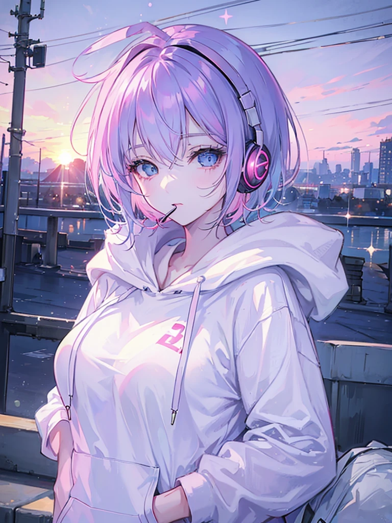 masterpiece, Highest quality, One Girl, Pink and blue hair, Mouth closed,, View your audience, , short hair, Sunset alone, Upper Body, ((Wearing a plain white hoodie)) 、((White headphones worn on ears)),moderate bust、German descent、Urban Background,Large Breasts,1 girl,((Sparkling Eyes))