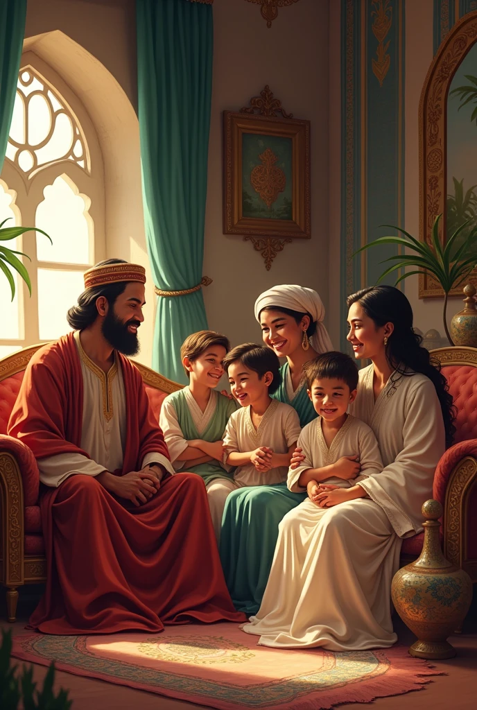 A serene and happy ancient merchant family scene, showing Amir’s loved ones enjoying health and harmony in their cozy, beautifully decorated home.