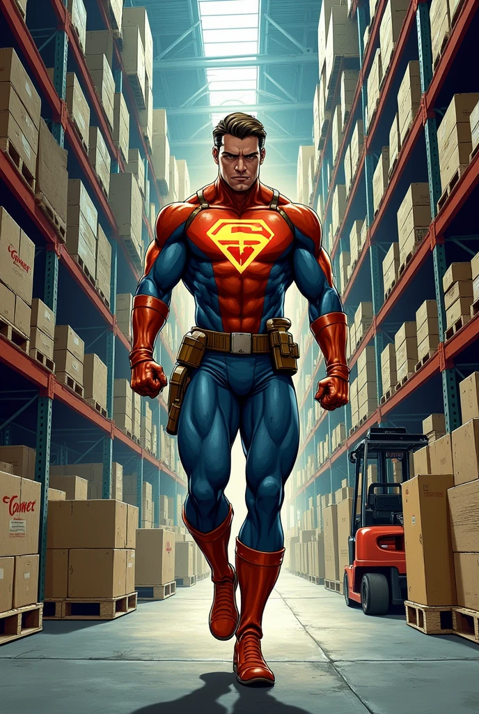create a comic book superhero who works in the merchandise warehouse