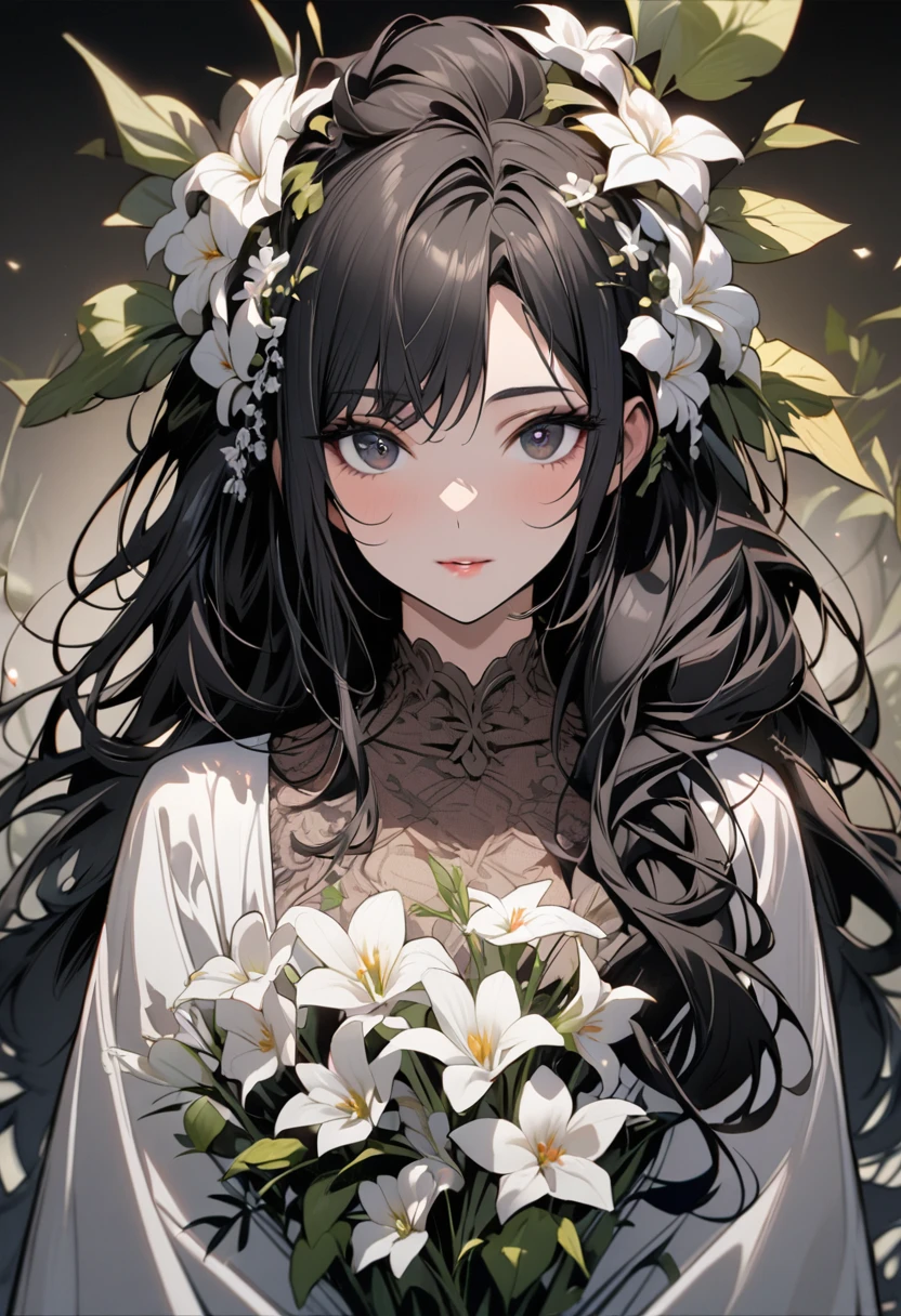 girl, mature, black eyes, black hair, long hair, white flower, beautiful eyes, beautiful color, front face, high detail