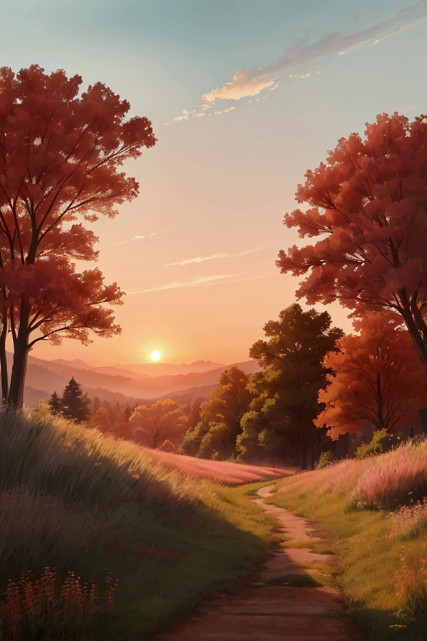 Illustrate a serene sunrise scene in a lush meadow. The horizon is glowing with warm hues of orange and pink as the sun begins to rise. Tall grasses and wildflowers, heavy with dew, stretch out in all directions, their tips catching the morning light. In the background, a dense forest line with tall trees stands silhouetted against the sky. A gentle mist hovers just above the ground, adding an ethereal quality to the scene. The atmosphere is calm, fresh, and full of life.