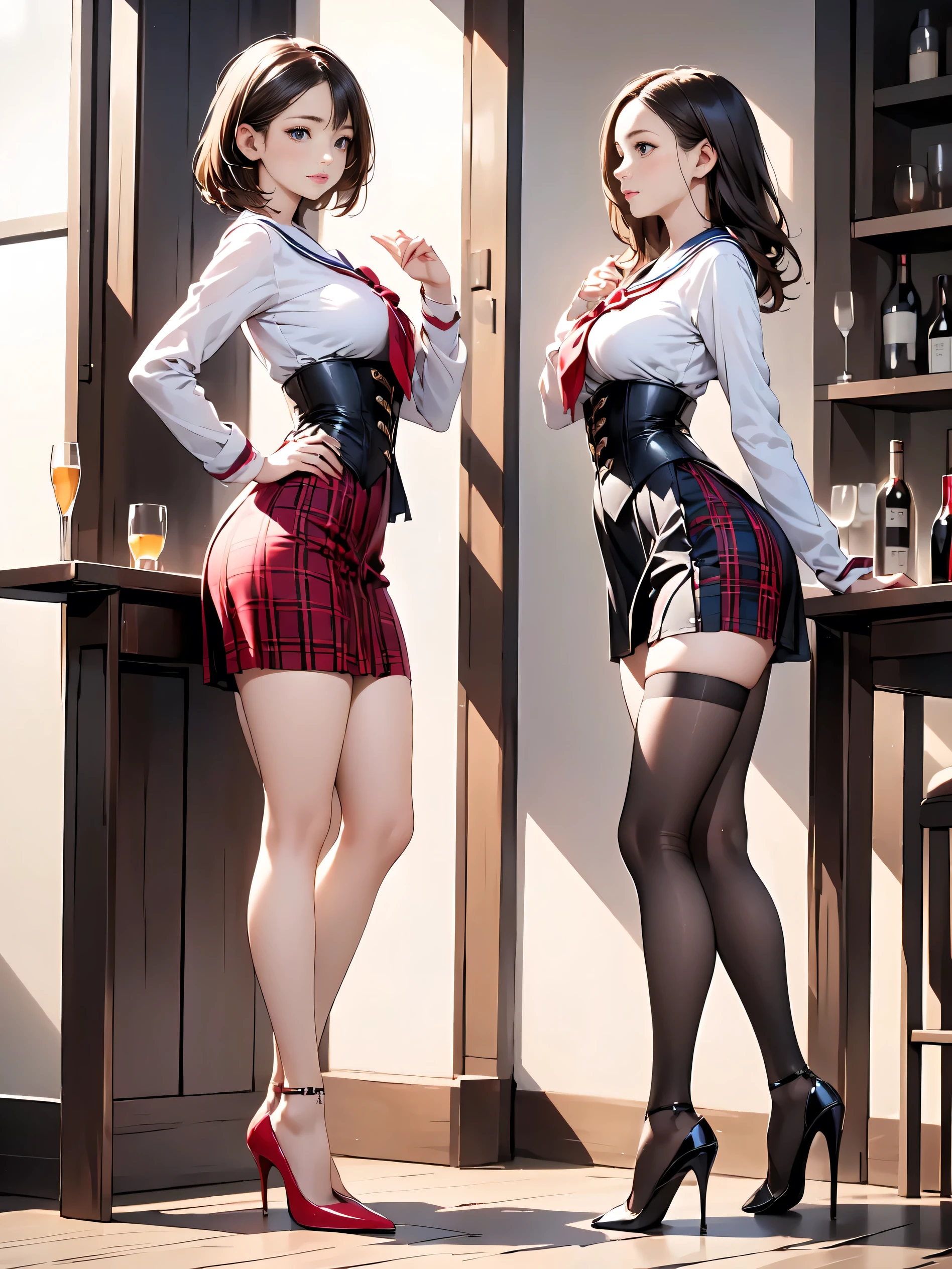 (masterpiece:1.3),(best quality, highest quality),((Full Body Shot,Including face)),1girl,Standing position,4K,masterpiece,((Focus on the face)),((Symmetrical facial features)),Beautiful woman,slender,Beautiful feet,((High heels)),Detailed depiction of the face,bar counter,uniform,Realistic,profile,Corset standing diagonally,red plaid skirt,Sailor suit