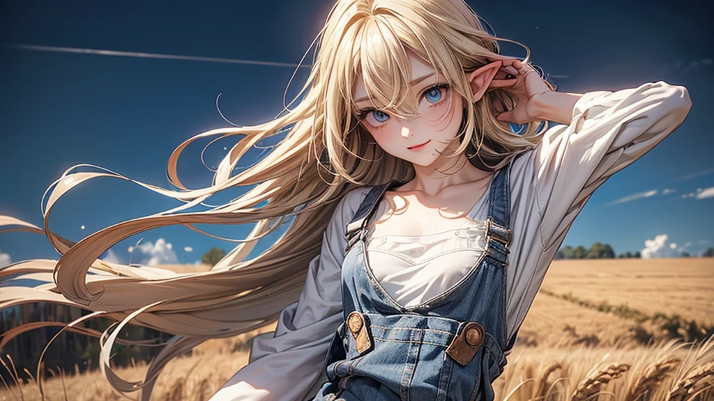 ((Masterpiece)), (Anime:1.5), ((best quality)), (RAW photo:1.2), (High Definition:1.3), (Professional Photography:1.2), (), (1girl), cute young girl, BREAK, (naughty face:1.3), (Beautiful daiamond eyes:1.5), (pale skin), elf girl, wearing Gray Workwear Coveralls, flat chest, slender waist, BREAK, (hair over eyes:1.2), Silky unruly hair, medium hair, ((blond hair)), wearing Gray Workwear Coveralls, (in a wheat field among agricultural machinery), low-cut neckline, open clothing in the chest area, (Ukrainian flag on the background in the field)