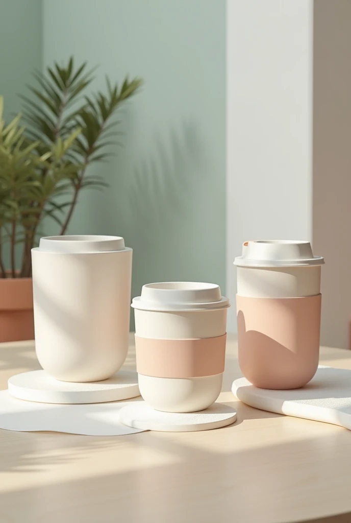 create three different sized coffee cups and heat protector highlighting a futuristic design and using sustainable materials and interesting textures, perfect for attracting customers to a modern coffee shop with light pastel colors