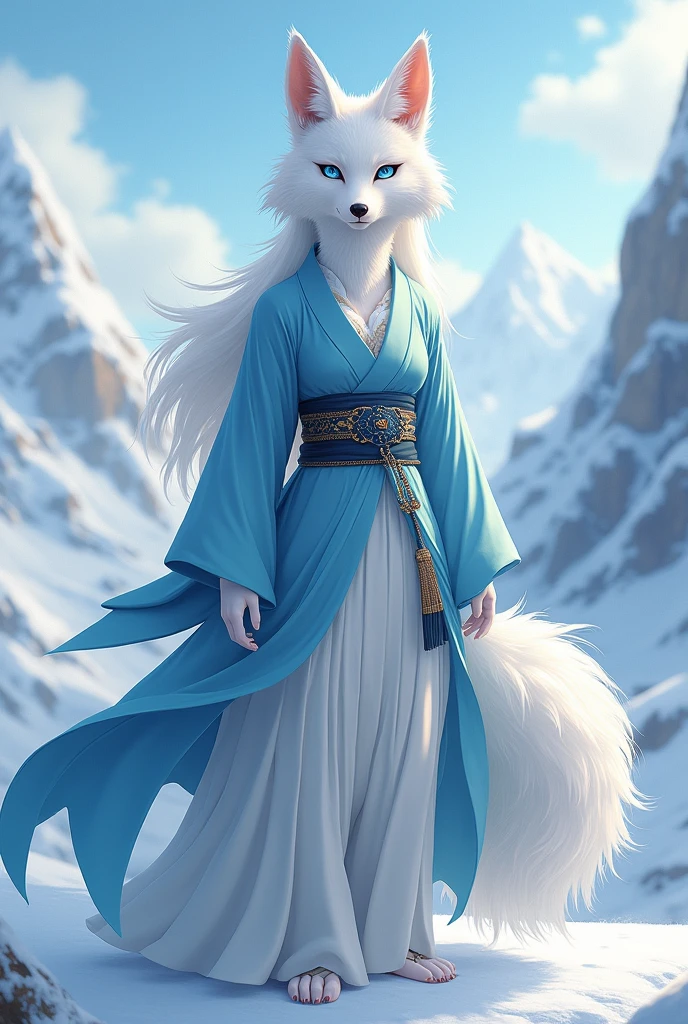 (photo brute, best quality) , (realistic, photo-realistic : 1.4), extremely formidable general plan, masterpiece, ultra-detailed, high resolution, meilleure illustration, best shadow, complexe, depth of ﬁeld, Très belle renarde blanche anthropomorphe adulte, she has two beautiful blue eyes and her fur is white. She is wearing a light blue kimono. She walks on her two hind legs. She is in snowy mountains, elle sourit. Style Photorealiste