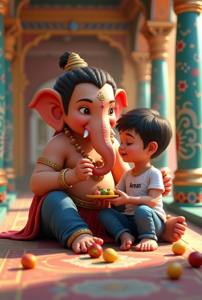 Create a realistic picture of LORD GANESH and a 1 boy sitting in a Place eating fruits each other. Boy is wearing white t-shirt and jeans on which her name “arman” is written on top. Background Temple. environment is colourful, background is of temple, image should ultra clear, hyper realistic.bare feet