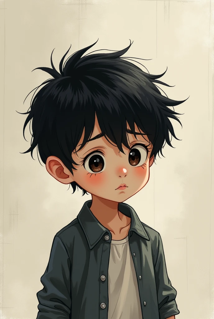 A handsome boy with black hair, about 1, look sad, drawing style,
