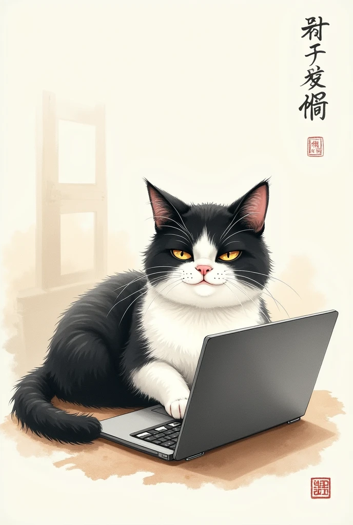 using chinese traditional ink water painting style to create a smart cat with tricky eye,  and white and bkack fat body. half sleeping and laying beside notebook pc