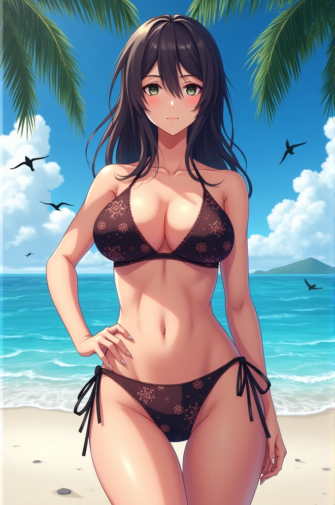 Create,Makima from chainsaw man anime, wearing sexy bikinis, infront of a beach