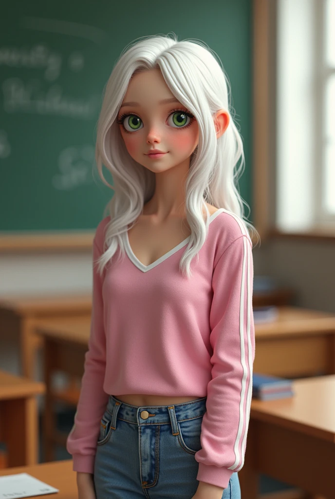 twenty year old girl, White hair, green eyes, clothes a pink long-sleeved blouse with white stripes and some jeans. In the background is a university classroom 3D image