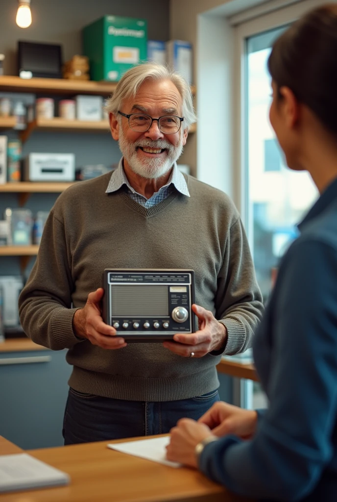 happy old man returning broken radio to a store