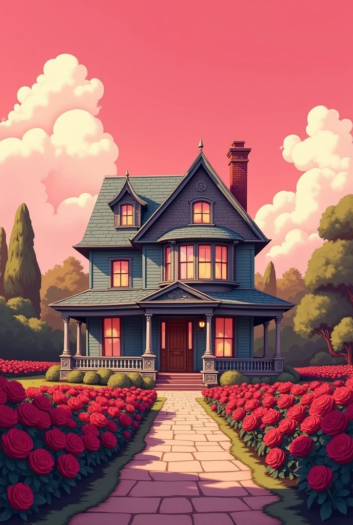 A big old cartoon house , vintage , pink sky , garden of red roses
