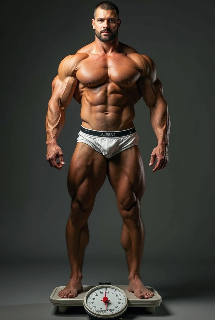 there is a man standing on a scale with a camera, ernest khalimov body, tall faces, athletic and beautiful, tall and muscular, incredibly strong and tall, Model posing, Mr. Universe, the perfect human male specimen, slightly muscular, Sébastien Chabal, quadris insanamente inflados, fairly muscular, absurdly muscular physique, absurdly huge physique, rubbery-looking body