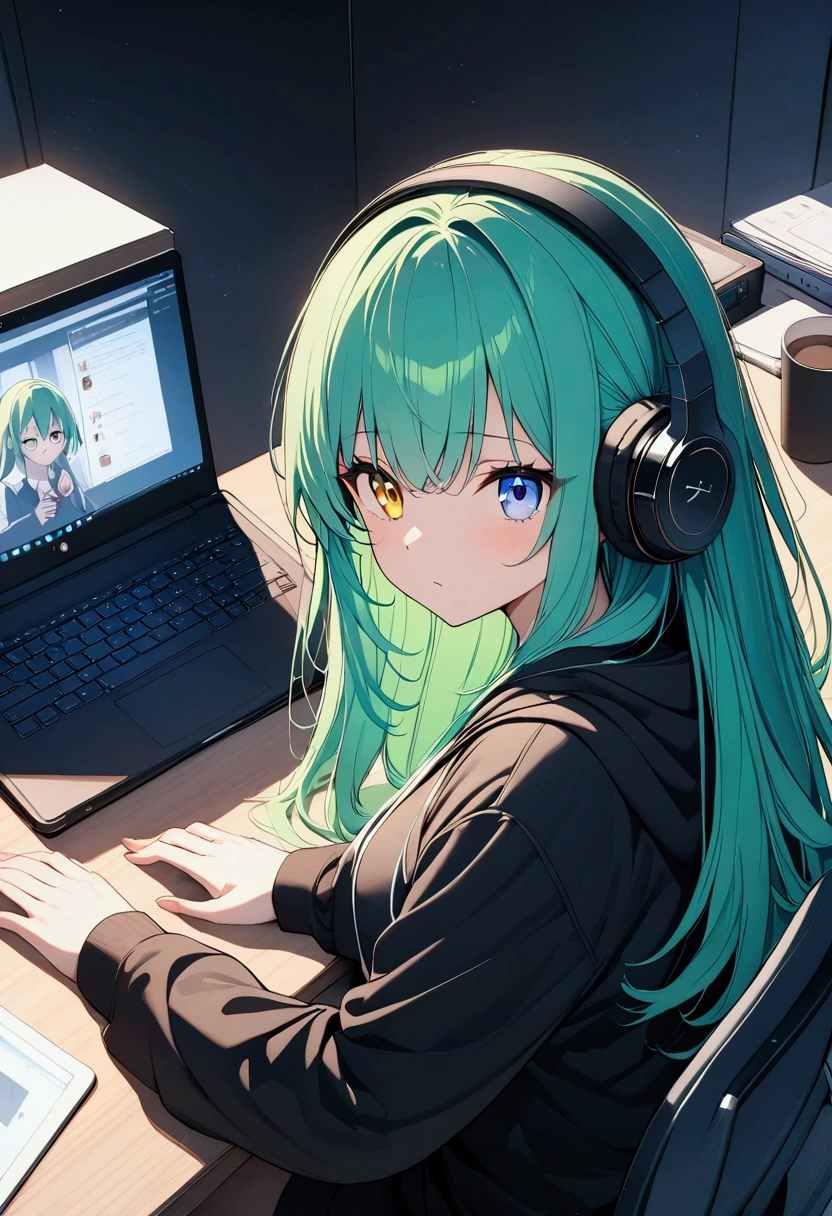 (((anime))) One Woman,I am using the computer on my desk,Hands on the keyboard,Long Hair,(Green Hair),Bangs parted in the center,Headphones,Heterochromia iridis,((blue eyes)),Yellow Eyes,Big Eyes,Looking at a laptop. Black hoodie., Coffee cup on a desk in a dark room,Backlit by a computer,Backlight,masterpiece,Highest quality,Exquisite,8k,Absurd,Ultra-fine illustrations