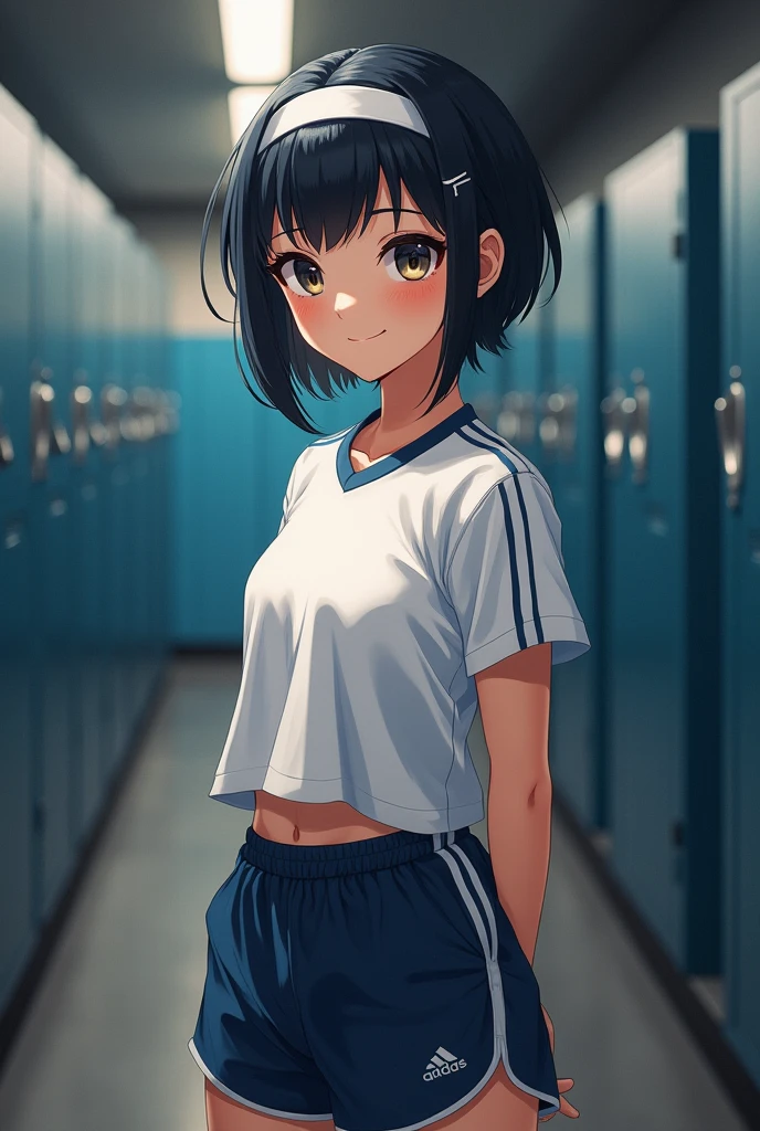 very cute and beautiful girl,(highly detailed beautiful face and eyes),(smile:1.2),happy,looking at viewer,
navyblue buruma,standing,arms behind back,detailed legs,white training shirt,short sleeve,
locker room in training gym,black hair,hair band,
(best quality,masterpiece),absurdres,highres,ultra-detailed,extremely detailed,32k,8k resolution,
intricate details,cinematic scene,detailed background,solo,dynamic angle,