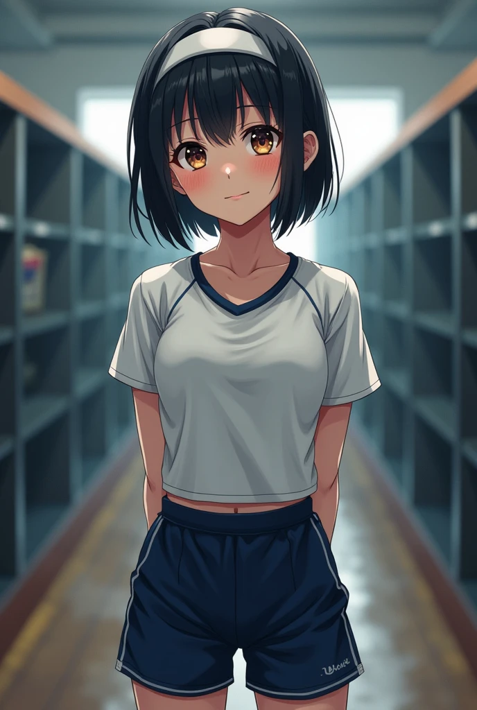 very cute and beautiful girl,(highly detailed beautiful face and eyes),(smile:1.2),happy,looking at viewer,
navyblue buruma,standing,arms behind back,detailed legs,white training shirt,short sleeve,
locker room in training gym,black hair,hair band,
(best quality,masterpiece),absurdres,highres,ultra-detailed,extremely detailed,32k,8k resolution,
intricate details,cinematic scene,detailed background,solo,dynamic angle,