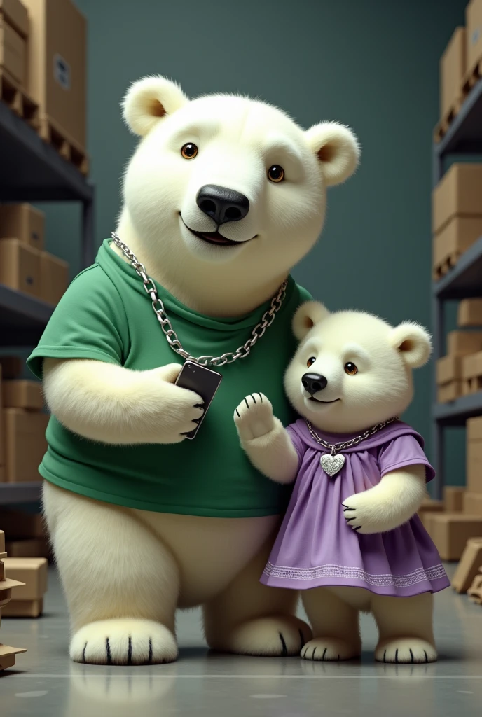 Large polar bear with silver chain, green shirt and a cell phone, Smallest polar bear with heart charm, purple dress taking order of various items in a warehouse