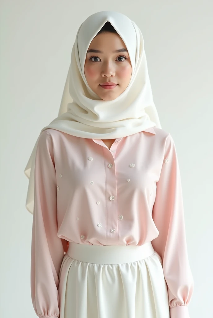 wearing a white hijab, wearing a pink shirt with white spots, wearing a white skirt,full body