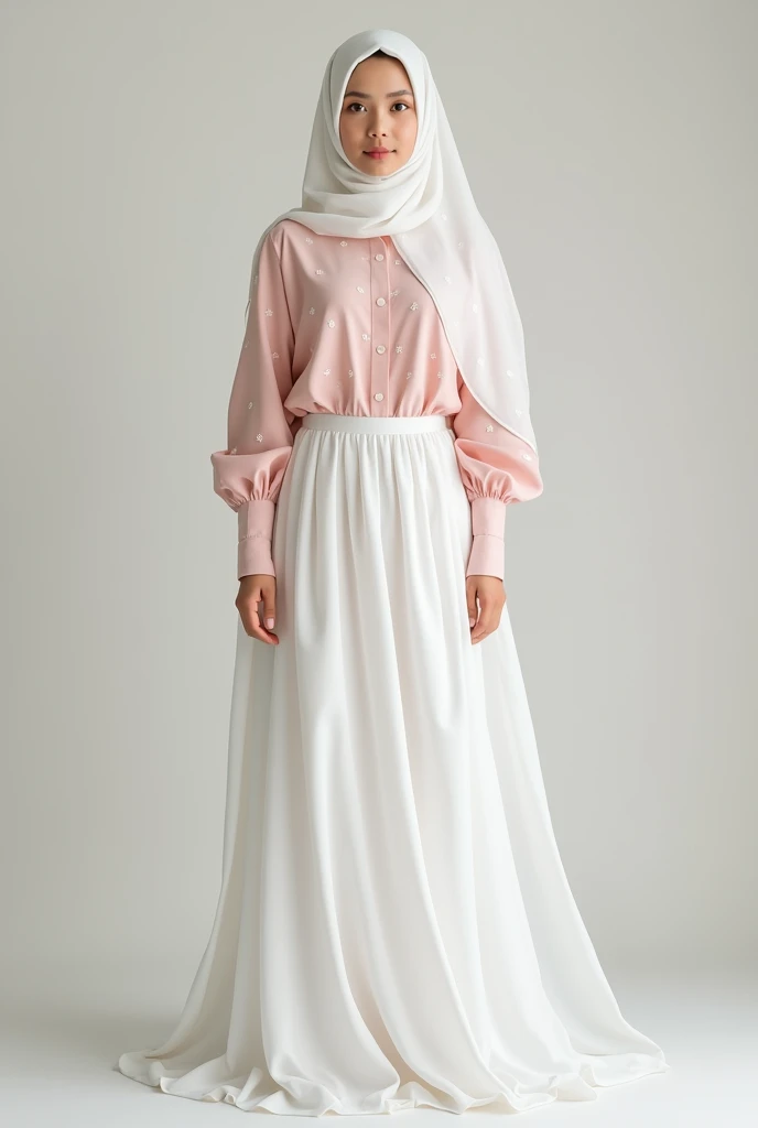 wearing a white hijab, wearing a pink shirt with white spots, wearing a white skirt,full body 