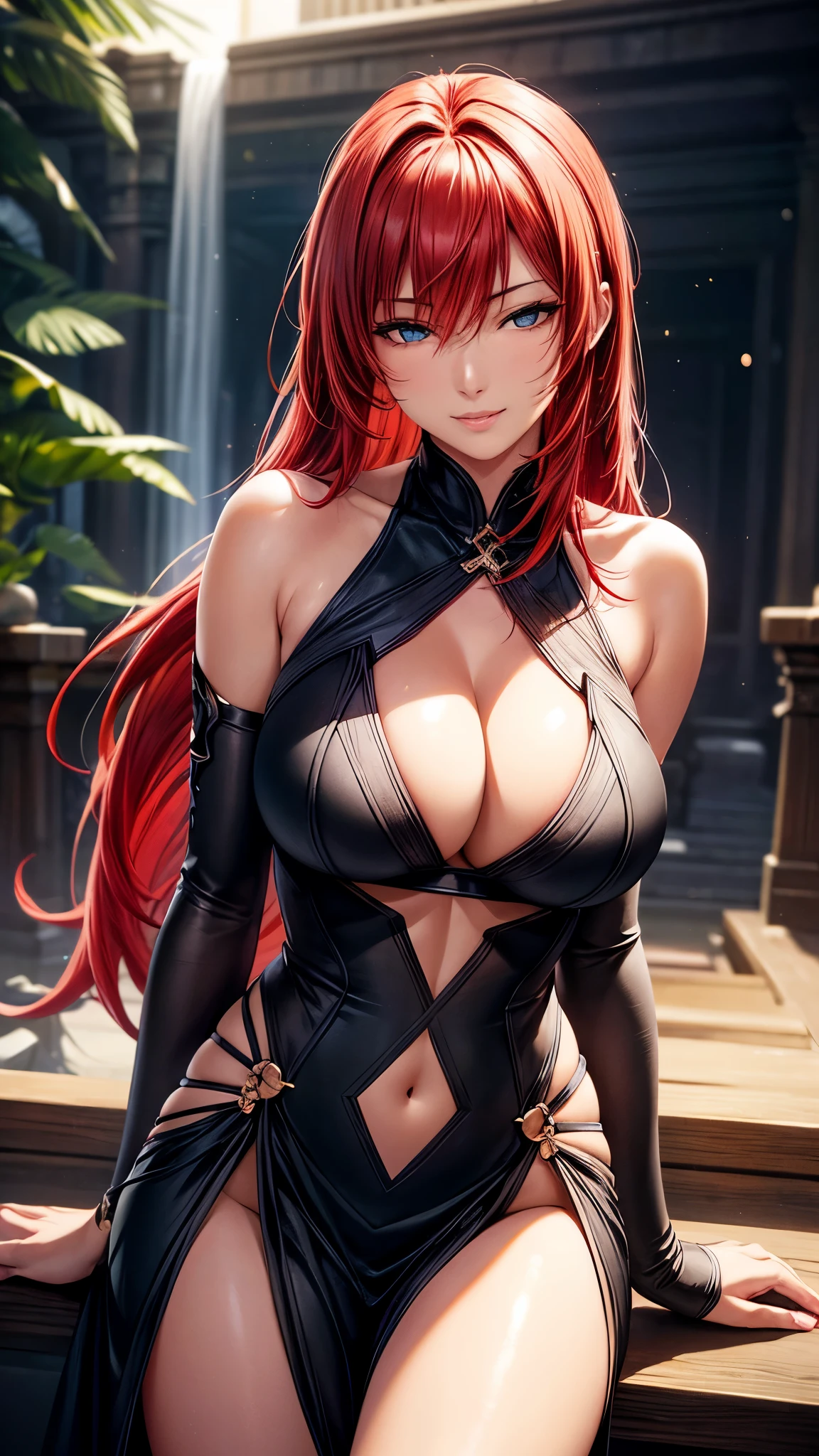 masterpiece, 最high quality, high quality, High resolution, high quality texture, high quality shadow, High Detail, Beautiful details, Detailed, Extremely detailed CG, Detailedテクスチャー, a Realistic representation of the face, Realistic, colorful , delicate, Cinematic Light, Side light, Lens flare, Ray Tracing,tailed beautiful delicate face, detailed beautiful delicate eyes,Beautiful eyes Beautiful hair Shapely lips Beautiful face (red hair:1.3) Dark skin ninja, bare shoulders, detached sleeves, cleavage 夜の城 night seductive smile