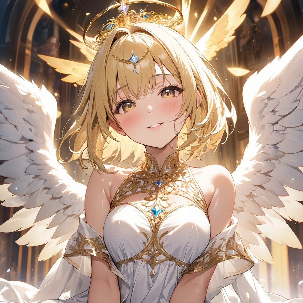 masterpiece, top quality, 8k, real person,1,shiny skin, fully focused, heaven, divine glory, Radiant, angel, blessing, happiness,sit、A lustful look、White dress、Gold Tiara、Blonde、Short Hair、Angel&#39;s wing、Leg spread、Masturbation、Open up、Spreading pussy、Touching pussy、Show your chest、Sweaty、See-through、Grab your chest、Dildo、Anal beads、Cowgirl、Peeing、Squirting、Climax,nsfw