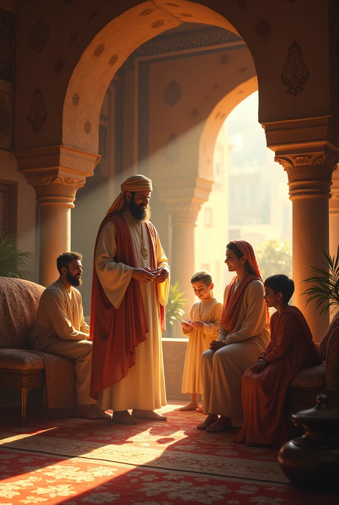 A serene and happy ancient muslim merchant family scene, showing Amir’s loved ones enjoying health and harmony in their cozy, beautifully decorated home.