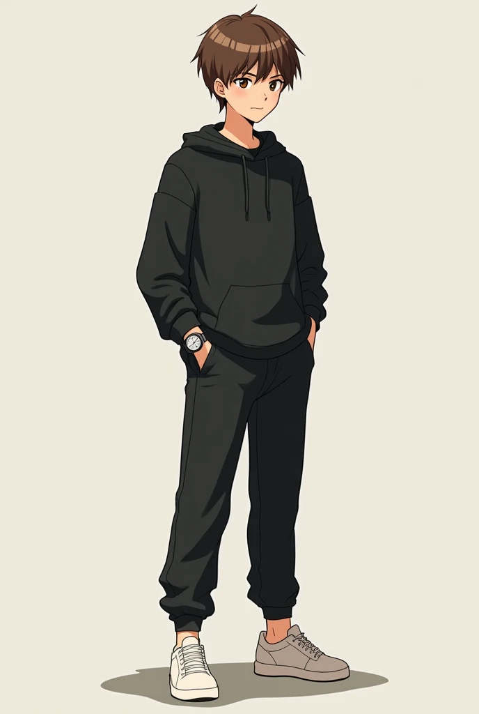 Make a low tabletop RPG Token short brown hair black sweatshirt black pants and white sneakers,using watch 