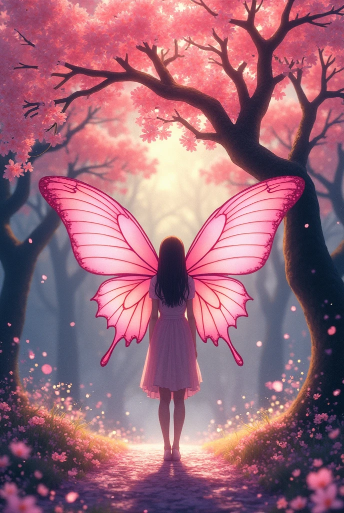Pink and gold glittery background, a symmetrical illustration of a silhouette standing under a cherry blossom tree with large pink butterfly wings in the style of anime tarot card art in the style of colorful, colorful sparkles flying everywhere, a magical, dreamy glow effect, glowing lights, vibrant colors of pink, black, yellow, white, purple, red, orange, and blue. --ar 3:4