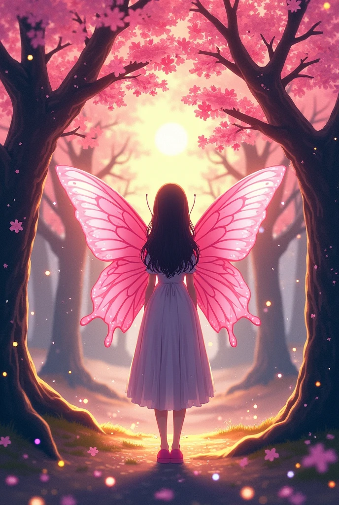 Pink and gold glittery background, a symmetrical illustration of a silhouette standing under a cherry blossom tree with large pink butterfly wings in the style of anime tarot card art in the style of colorful, colorful sparkles flying everywhere, a magical, dreamy glow effect, glowing lights, vibrant colors of pink, black, yellow, white, purple, red, orange, and blue. --ar 3:4