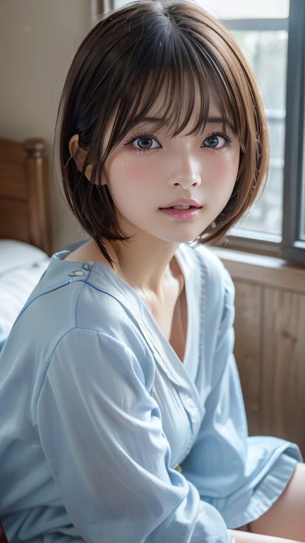 Best Quality, Photorealistic, 8K, hight resolution, fulcolor, girl with, 20yr old female, (Closed mouth:1.73), fulcolor, Looking at Viewer:1.8, (1girl eyes looking at viewer:1.55), (Short hair, brawn hair, parted hair:1.45), (Bokeh),Yukata with open chest,Smaller chest,on the beds,all-fours,