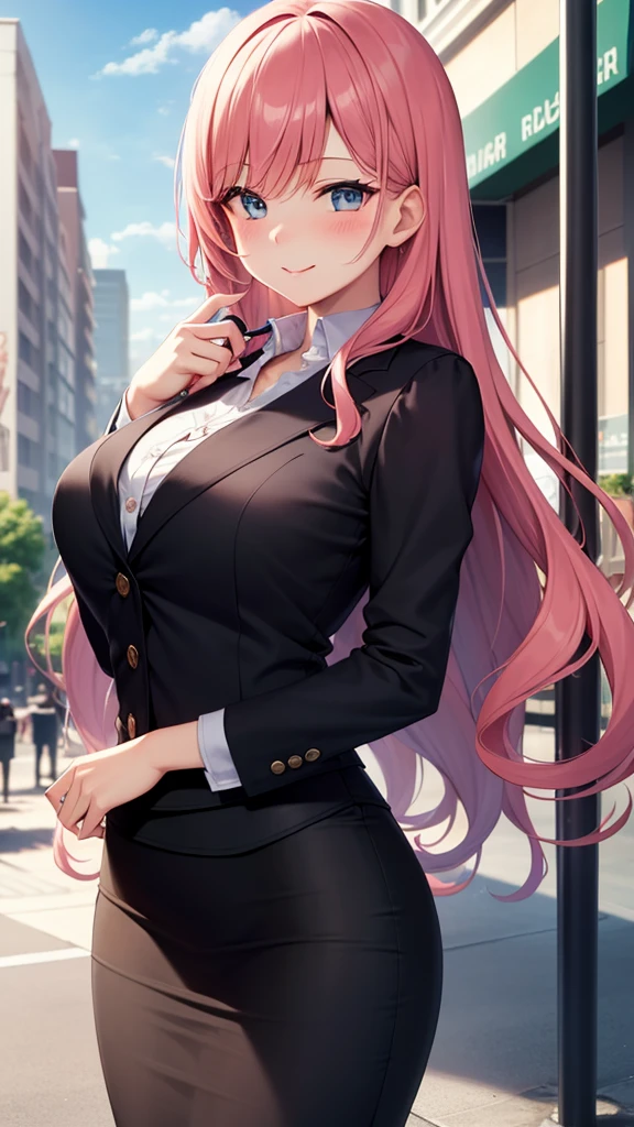 masterpiece, best quality, high detail, beautiful business woman, solo focus, long wavy hair, pink hair, (black blazer), (black midi pencil skirt), long skirt, wide hips, upper body, looking at viewer, wide-eyed, smile, blush, city, sidewalk, summer, (cloudy sky), 