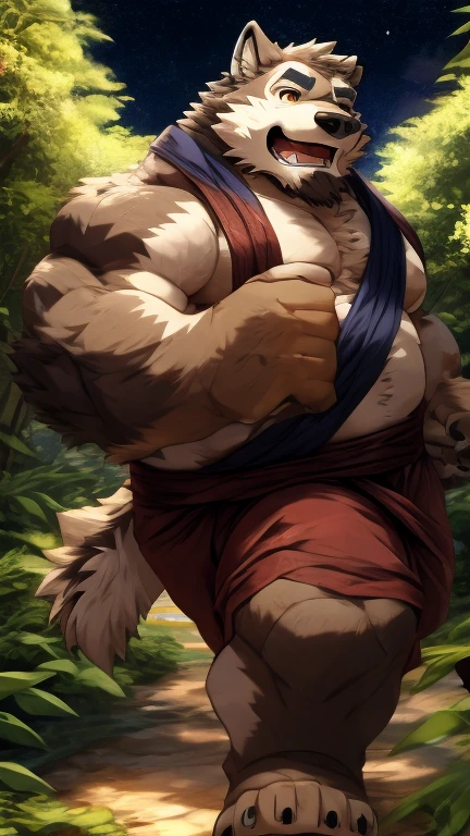 anime style, aid210, nj5furry, ((whole body)), ((monk)), standing, kick, ((plump middle-aged wolf man)), BREAK ((brown eyes)), one eye closed, beautiful beard, beautiful ears, (male face:1.3), (big face:0.5), square jawline, (Male Eyes:1.2), (sharp eyes:0.8), (big eyes:0.5), male eyebrows, (innocent look:0.5), (beautiful black nails down to the last detail:1.2), BREAK (complete Anatomy), (detailed face:1.3), beautiful face, (detailed body), (beautiful hands:1.2), (detailed fingers:1.2), (detailed eyes:1.1), (beautiful Eyes:1.1), arm details, Leg Details, beautiful feet, BREAK Muscular anthlo, body hair, ((hairy skin)), fluffy, (detailed brown nipples:0.8), (blood vessel:-0.8), (glowing Skin:-0.7), (chest hair:0.5), (1 tail), (a beautiful and detailed small tail), BREAK night sky, bamboo forest, outdoor,  ultra detailed, highest quality, ultra-high resolution, realistic, 16K, masterpiece, beautiful detailed, perfect solution, absurdists, (faint light),