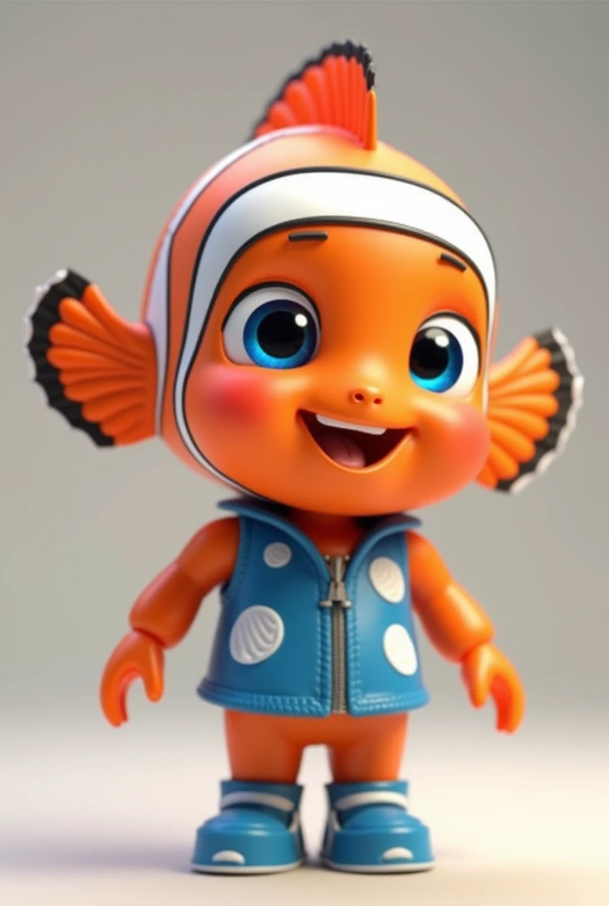 A C4D model, chibi-style, humanoid fish inspired by Nemo from "Finding Nemo," with bright orange and white striped body. The fish has large, expressive blue eyes and a small, friendly smile. It wears a cute blue vest with a white shell pattern on it. The model features small fins resembling Nemo's signature fins and has a tiny dorsal fin on its back. The humanoid fish also sports matching blue shoes with a fish scale textur
