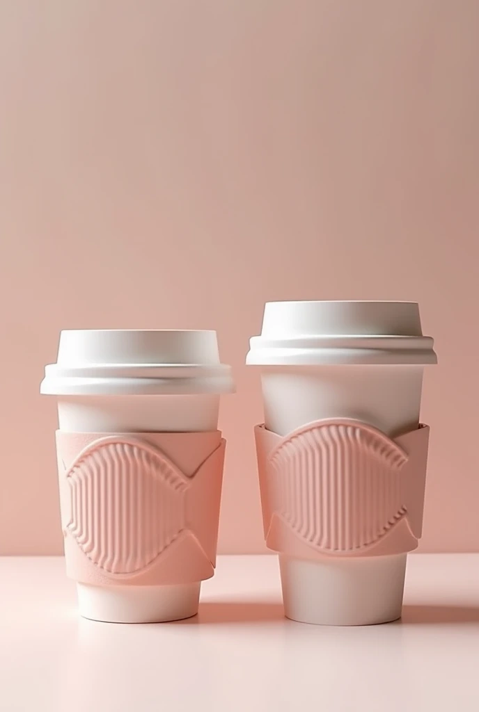 create three different sized coffee cups and heat protector highlighting a futuristic design and using sustainable materials and interesting textures, perfect for attracting customers to a modern coffee shop with pastel colors 