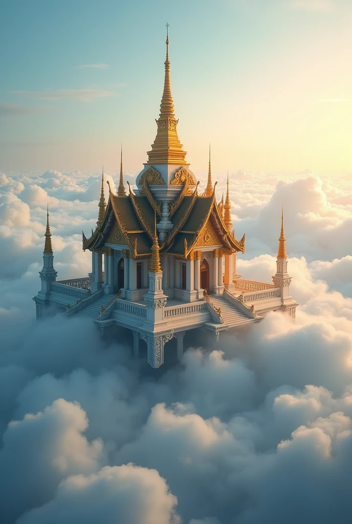 Myanmar - burma religion style heaven building in the cloud . Essense of nothingness, completely clam and tranquility, photorealistic, HDR,hyper detailed ,close up , cinematic,