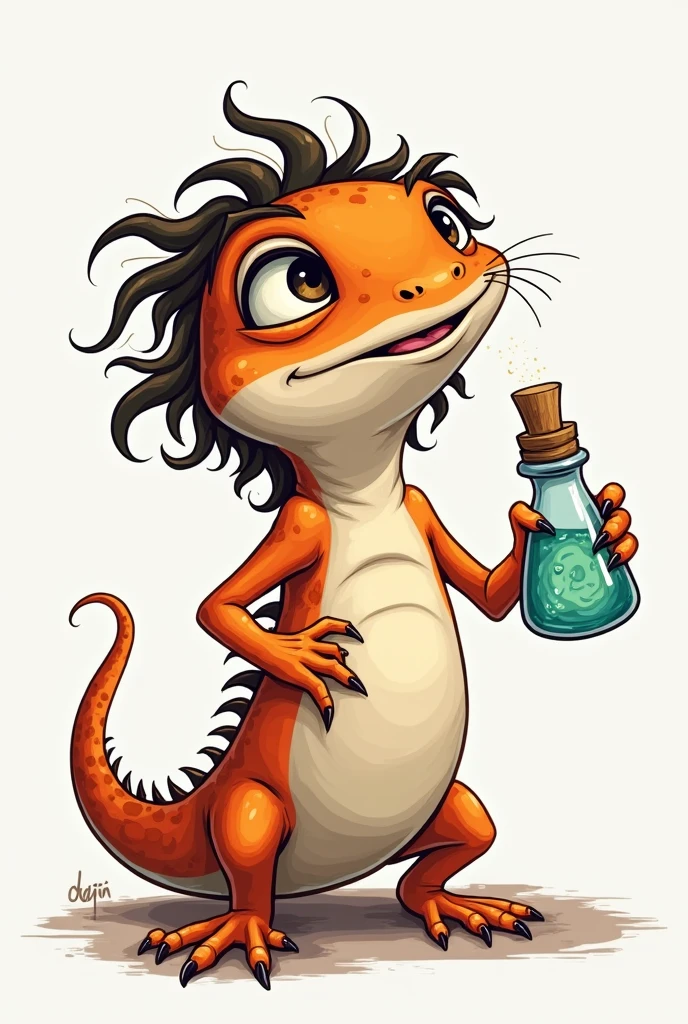 logo of a salamander with disheveled hair and holding a vial