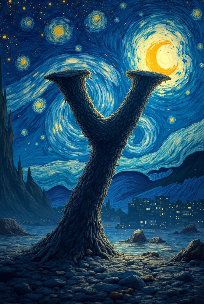 A lettering style letter Y painted in Van Gogh style like the starry night, bottomless