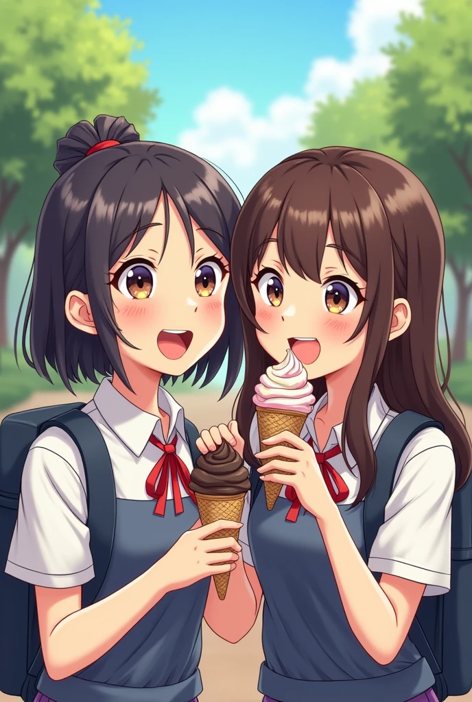 Chibi cartoon drawing of two school children eating popsicles.
