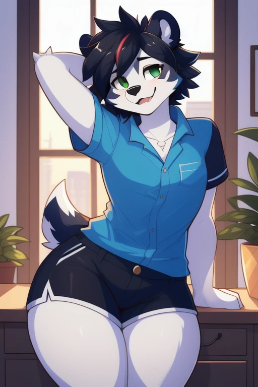 panda, mascle, femboy, female body, Fine body, feminine appearance, thick-thighs, big-ass , mini shorts , camisa curtinha , Bblack hair ((dyed hair)) , white body, greeneyes, short messy hair, penthouse apartment , cozily
, Detailed lighting, detailed shading, work of art , aroused face , ereção ,sexy pose , flushed , smitten , body detailed , (by Kilinah, de Coffeesoda, by hioshiru, by Kilinah), frontal camera, from front view, stretch
